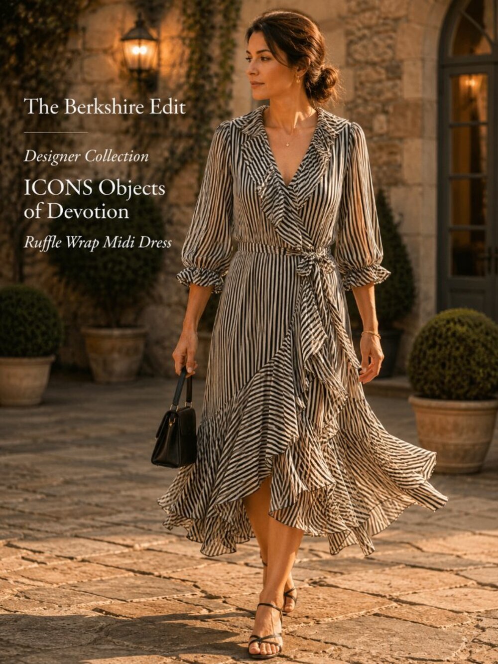 ICONS Objects of Devotion Stripe Ruffle Wrap Midi Dress NWT Black White M